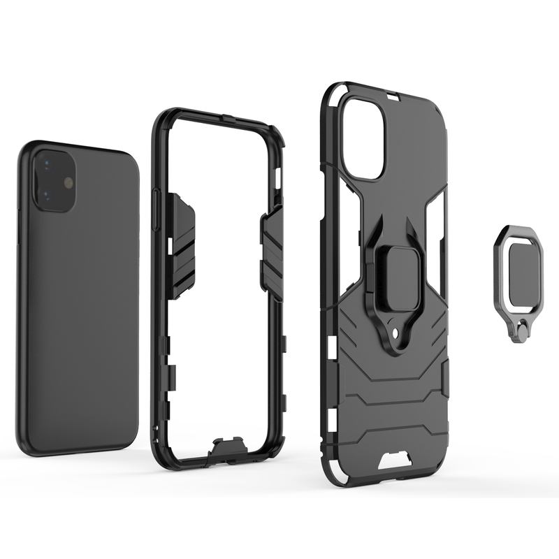 Hybrid Armor Ring Kick Stand Case - Black - DeLuxx Brand