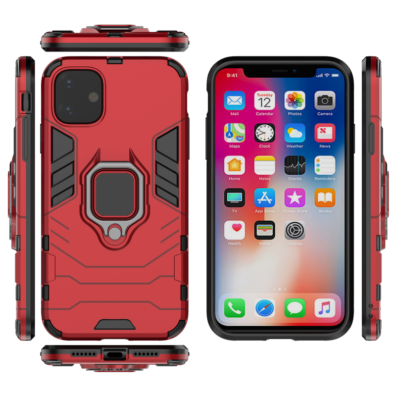 Hybrid Armor Ring Kick Stand Case - Red - DeLuxx Brand