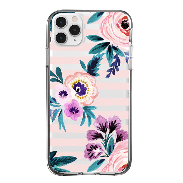 Clear Floral Case - Pink Stripes & Flowers - DeLuxx Brand