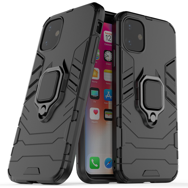 Hybrid Armor Ring Kick Stand Case - Black - DeLuxx Brand