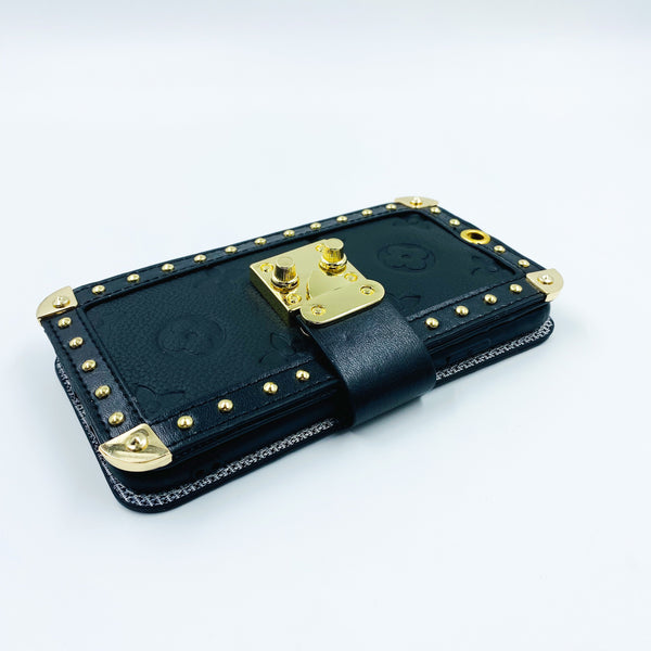 Faux Leather Wallet & Crossbody Phone Case LV - Black & Gold